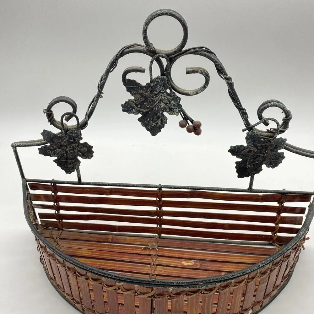 Wall Pocket Basket Semicircle Wood‎ Slat Metal Grape Leaf Scroll French Country